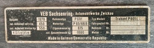 Trabant 601 typenschild veb - trabant,